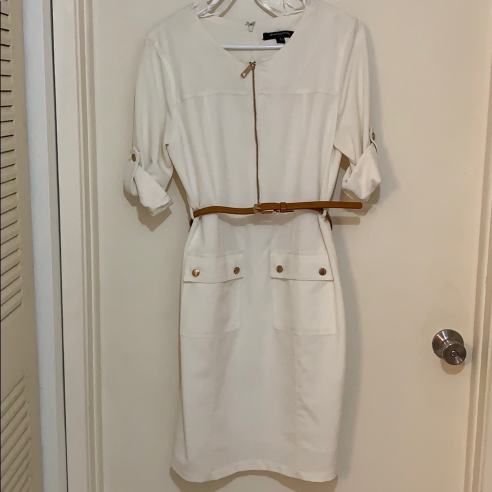 Sharagano white dress with caramel colored belt